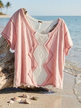 Free People (We the Free) Blush Pink Tee with Cream Crochet Panel